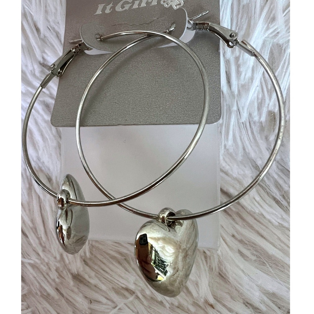 Silver Earrings Puffy Heart Hoop 2" Romantic Y2K Statement Hoops Glam Coquette